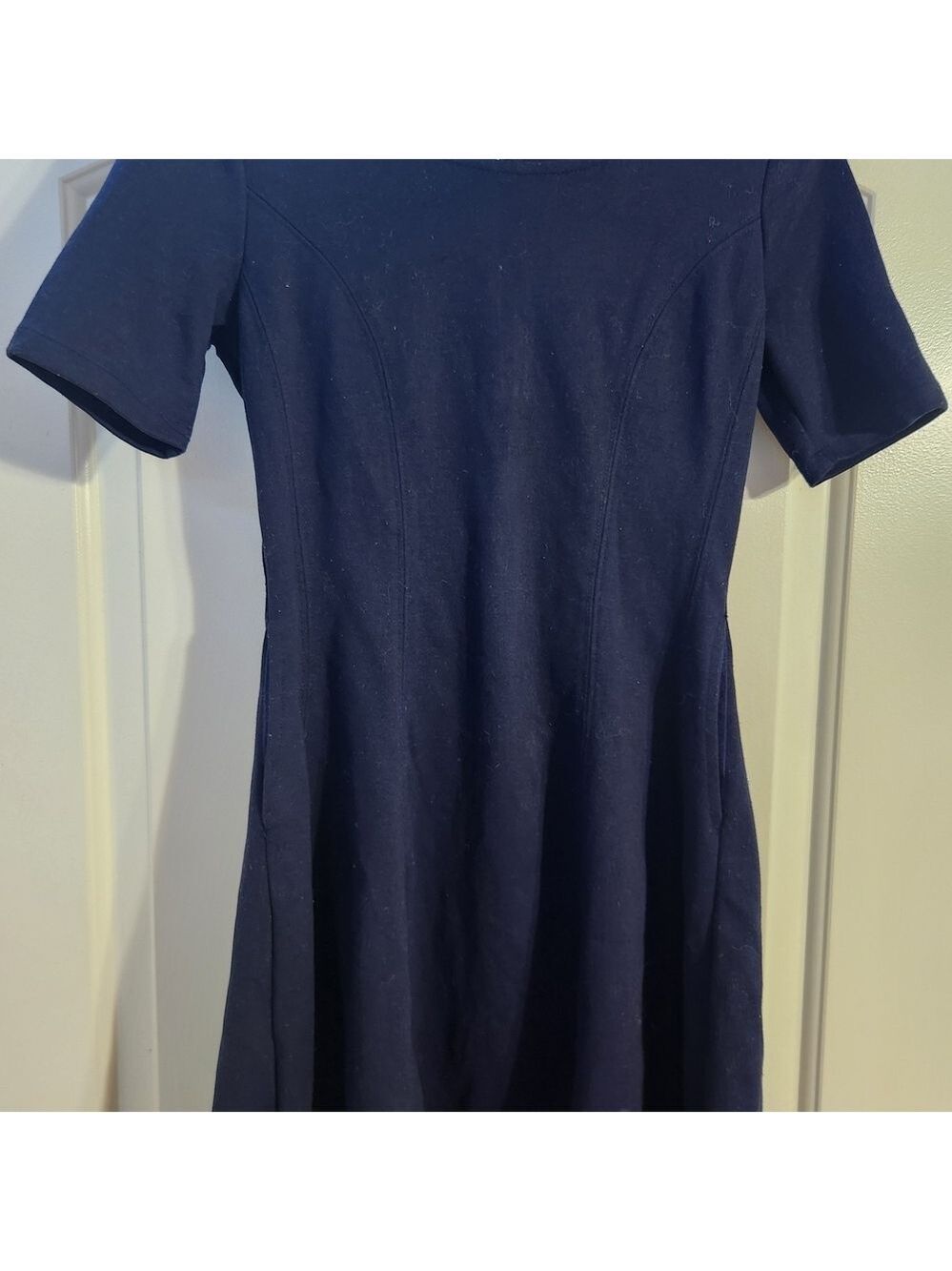 Maison Jules Navy Structures Short Sleeve Zip Back Classy Casual Midi Dress